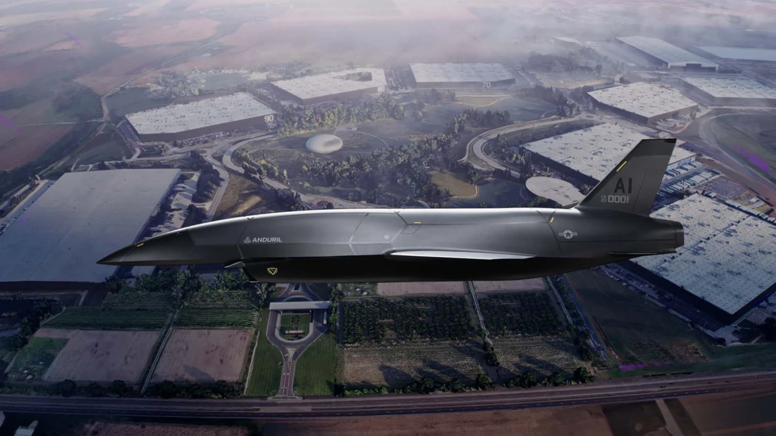 Anduril: an aircraft flying over a manufacturing facility at dusk