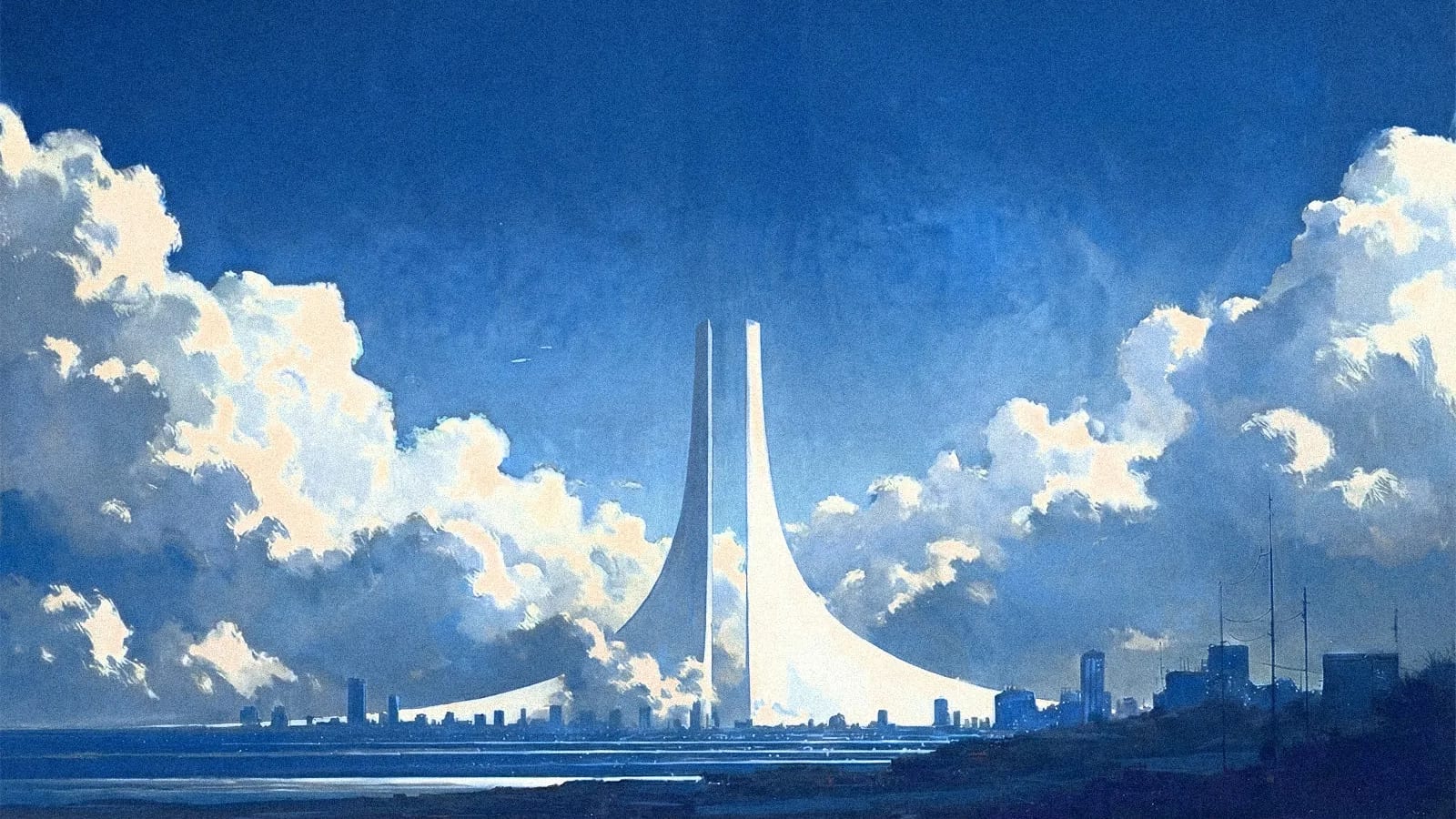 Erebor brand illustration: a tower rising above a coastal city