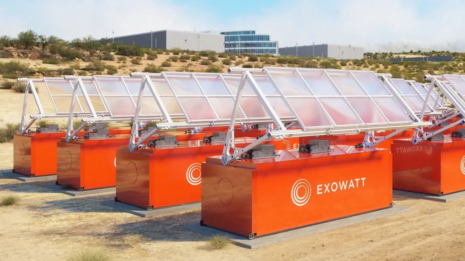 Exowatt: rows of EXOWATT solar modules deployed in the desert