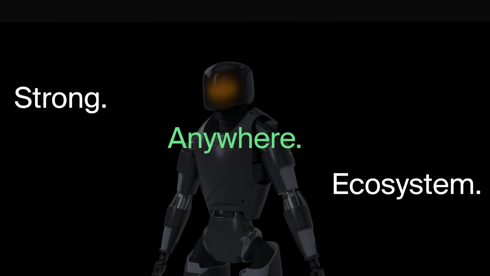Genki Robotics: a humanoid robot standing against a black background, captioned Strong. Anywhere. Ecosystem.