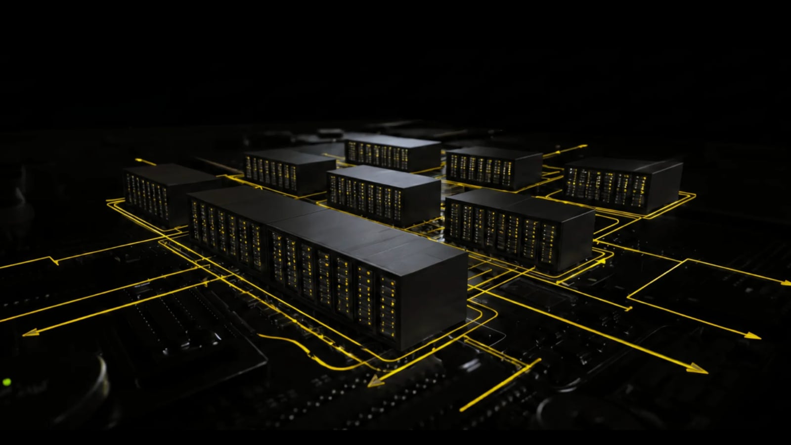 Upscale AI: rows of GPU servers in a data center